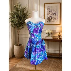 Vintage Formal Prom Mini Dress Junior 7 Women's Small Floral Bow 80's Strapless